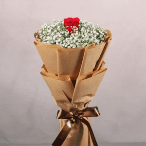 Gypso and red rose bouquet wrapped in Kraft brown paper tied with a brown satin ribbon.