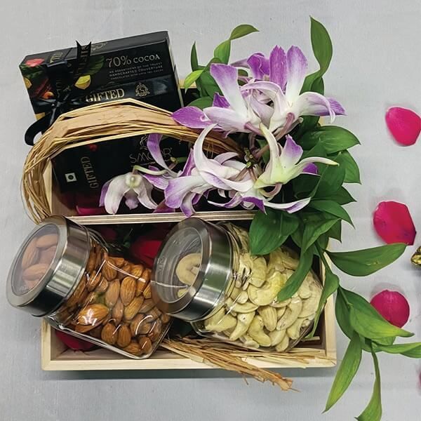 Basket of Goodies | Diwali Flower Gift Box Hampers online deliver to India