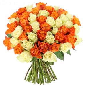 Flowers to Flowers - 50 White and Orange Roses with Hand Tied in Bangalore | Order Now at JF