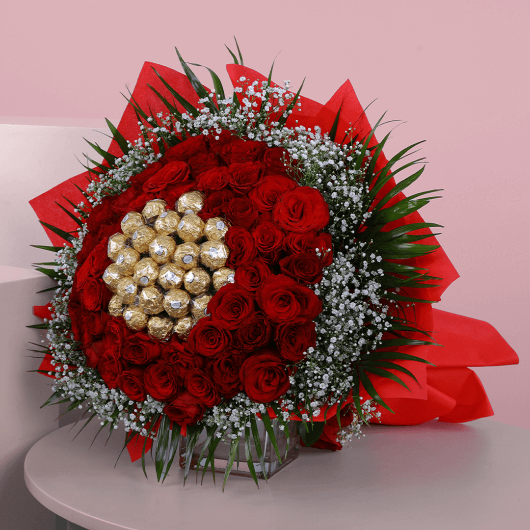 Chocoholic’s Dream Date (3) Ferrero Rocher Flower Bouquet - Where Flowers Meet Chocolate Luxury - June Flowers