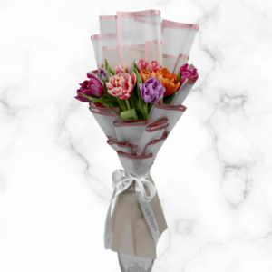 Mixed tulip bouquet featuring fresh pink, red, yellow, white, and purple tulips, elegantly wrapped in a clear cellophane sheet with gold borders.