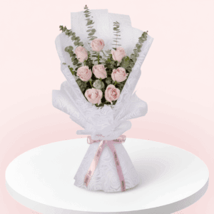 8 Pink roses and eucalyptus bouquet wrapped in Korean-style sheets