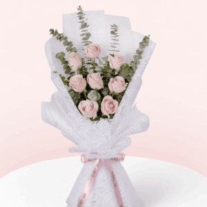 8 Pink roses and eucalyptus bouquet wrapped in Korean-style sheets