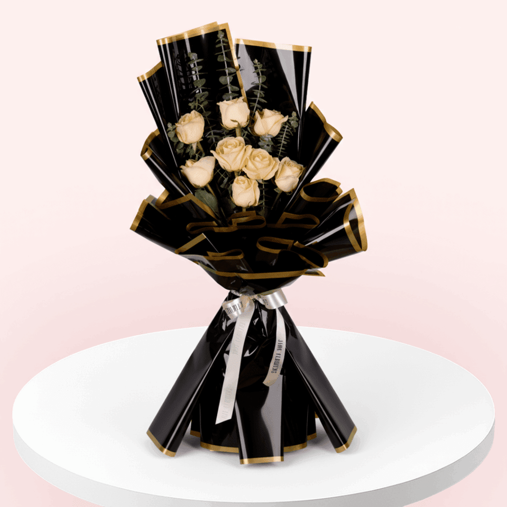 Order a bouquet of peach roses and eucalyptus in Korean-style black floral wrapping