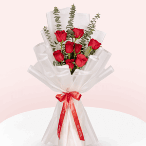 Elegant handtied red rose bouquet with eucalyptus and Korean-style sheets