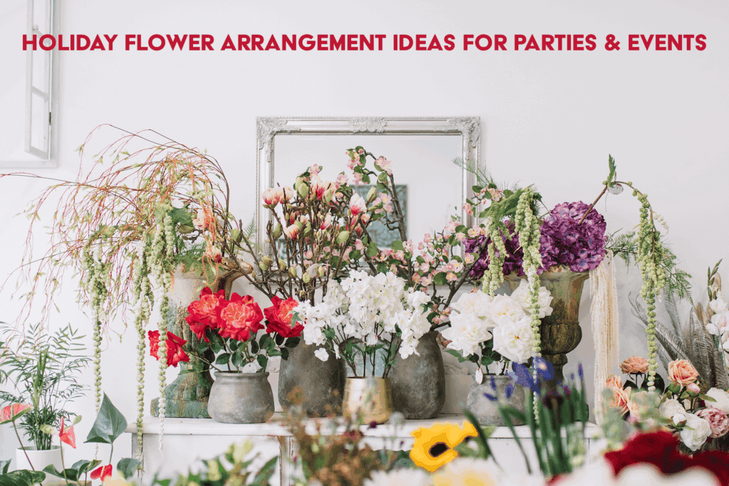 Holiday flower arrangement with festive blooms and greenery, perfect for parties and special events.