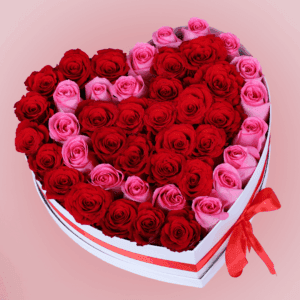 Red and pink roses in a heart-shaped box style, finished with a red ribbon detail.