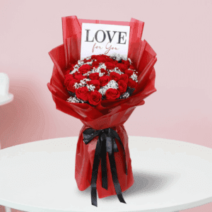 Red roses with delicate white baby’s breath, wrapped in a red Korean-style gold heart wrap, finished with a “Love for You” message card.