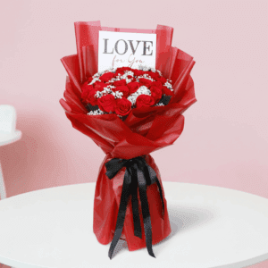 Red roses with delicate white baby’s breath, wrapped in a red Korean-style gold heart wrap, finished with a “Love for You” message card.