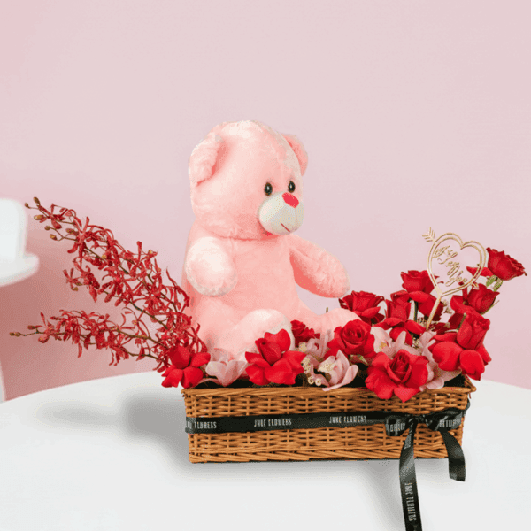 Red Roses & Orchid Teddy with Flower Basket | Valentine Combo Gift