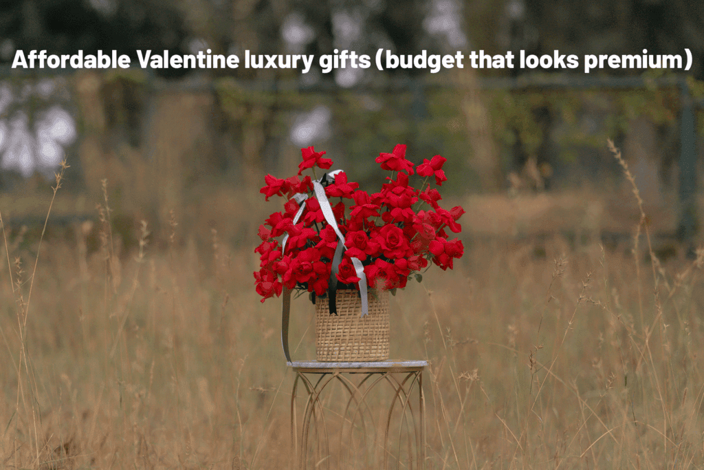Affordable Valentine luxury gifts featuring red rose bouquets and elegant decor