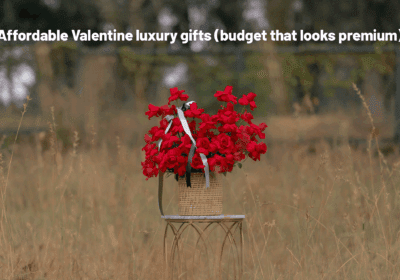 Affordable Valentine luxury gifts featuring red rose bouquets and elegant decor