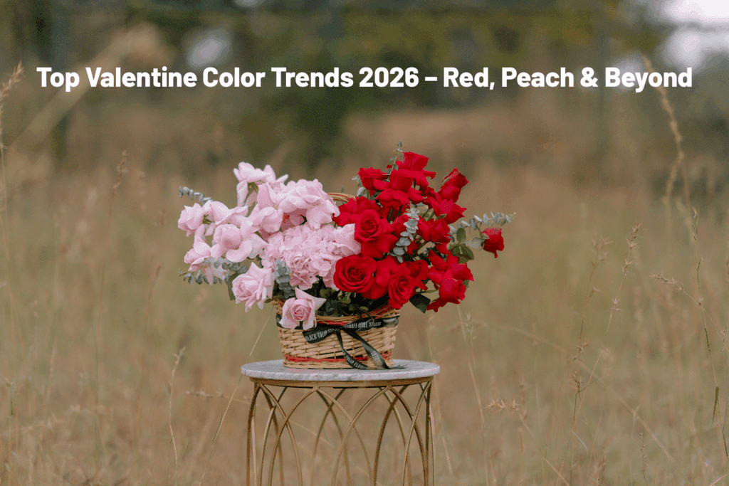 Trending Valentine colors for 2026 including classic red, soft peach, and romantic hues