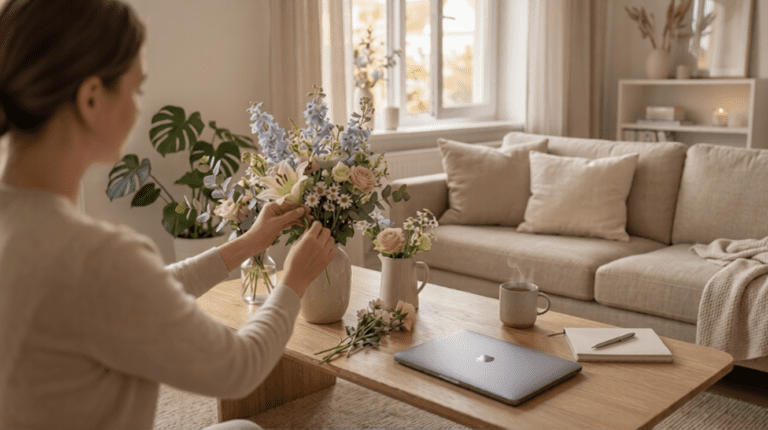 A woman arranges flowers on a table beside a laptop, focusing on her task with a creative expression.